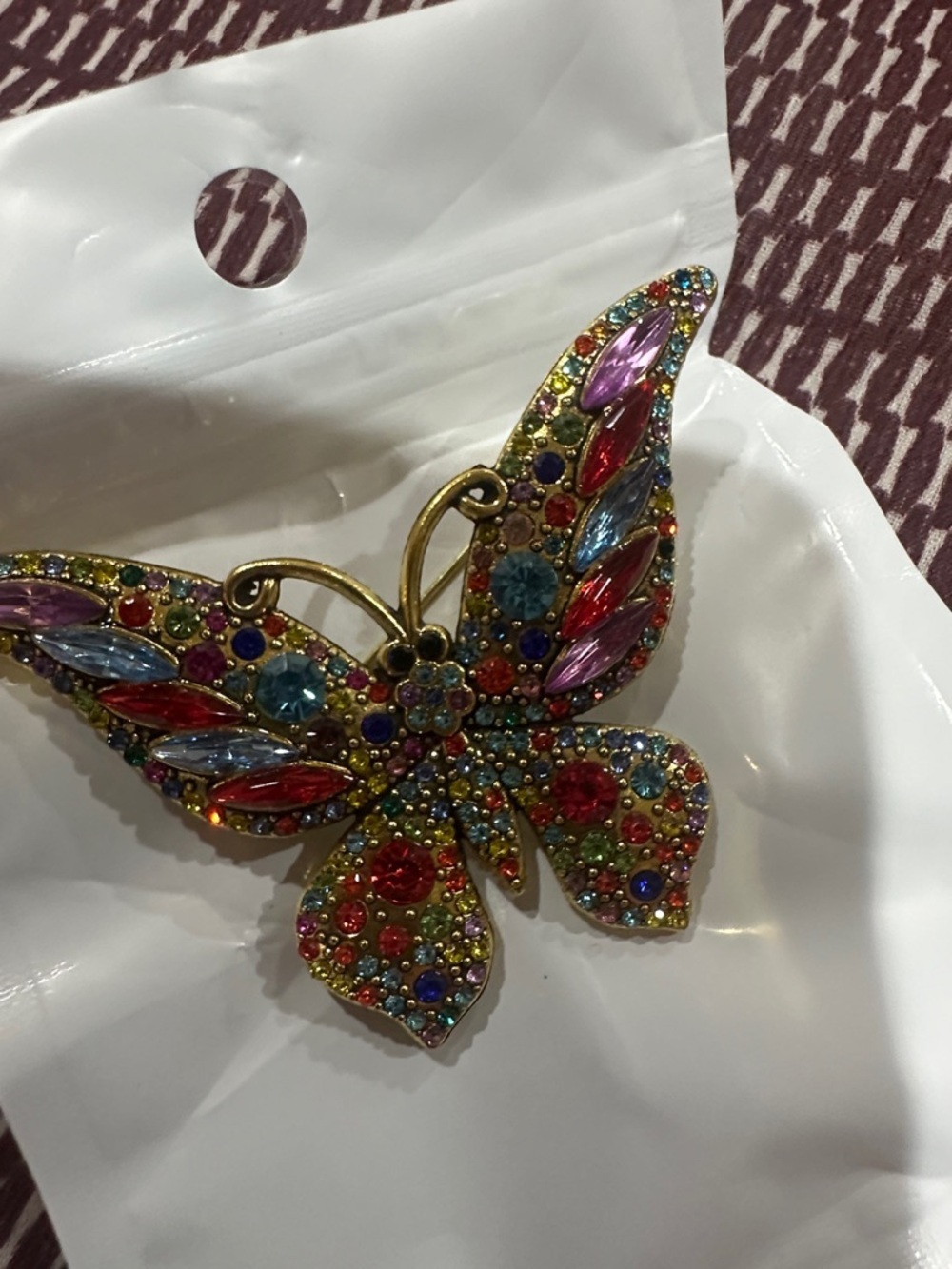 Multicolor Rhinestone Butterfly Brooch Pin - Gold Tone - Picture 2 of 3